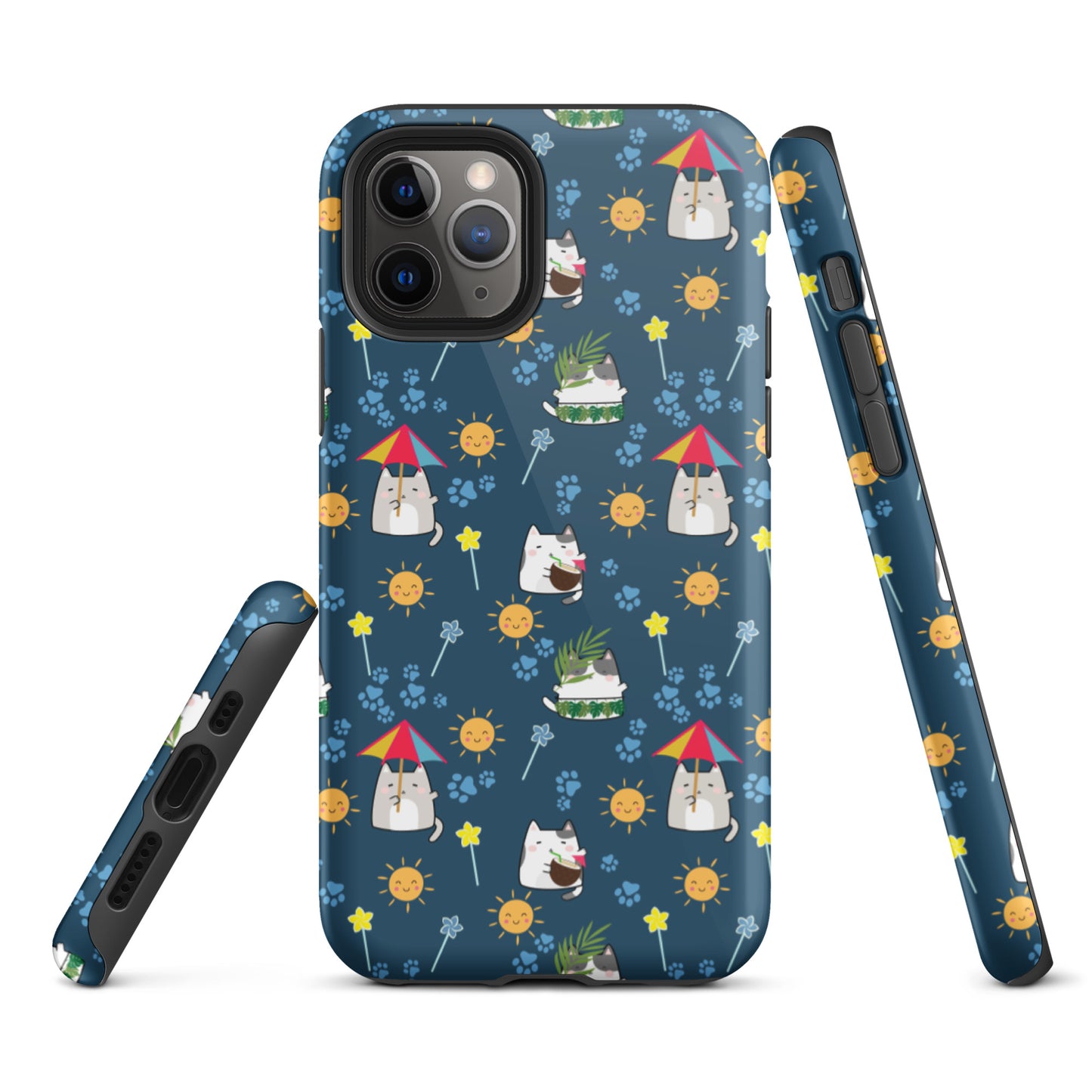 Tough case for iPhone 11, 12, 13, 14, 15, 16 Variations | Cat Summer Umbrella Blue Background