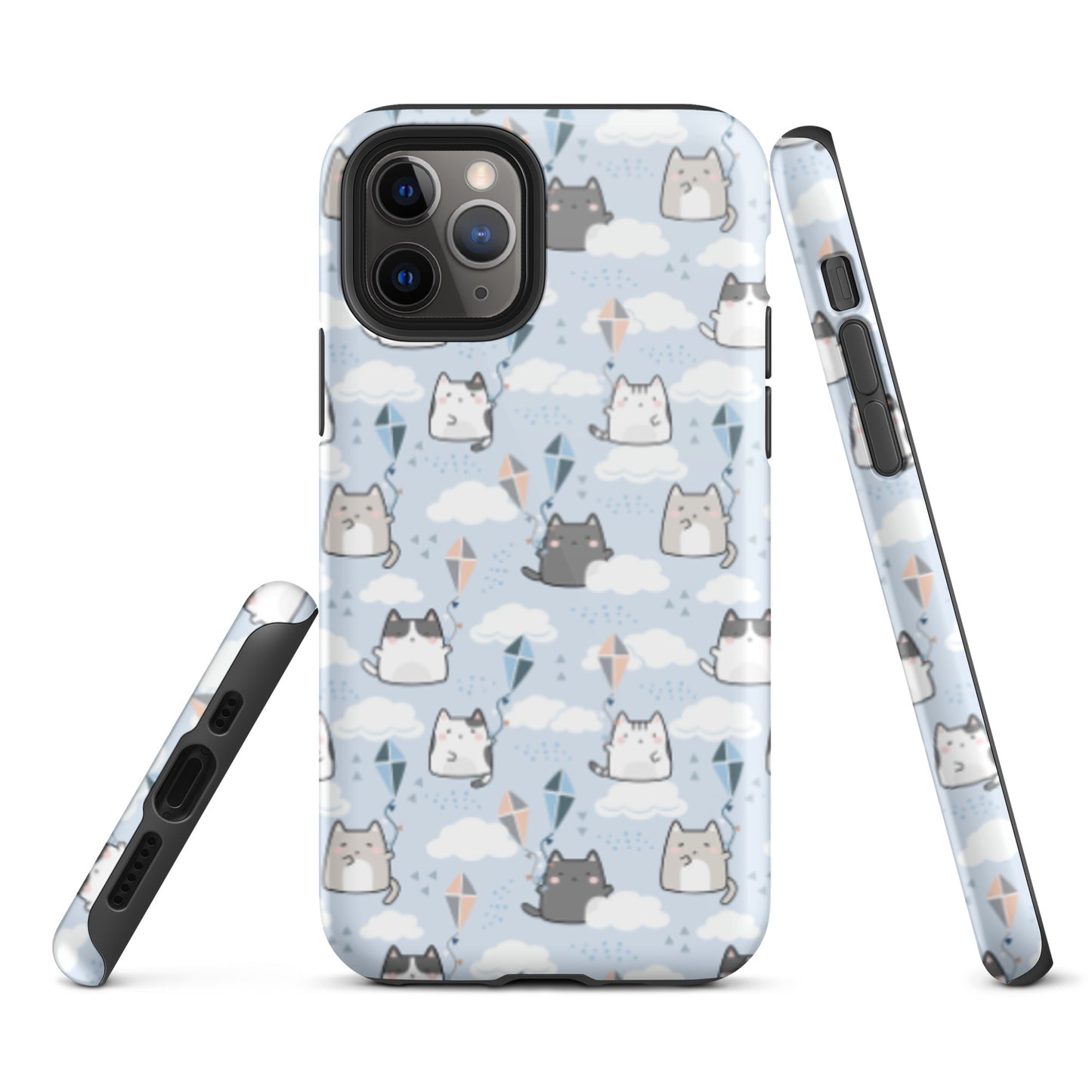 Tough case for iPhone 11, 12, 13, 14, 15, 16 Variations | Cat Cloud Kite LightBlue Background