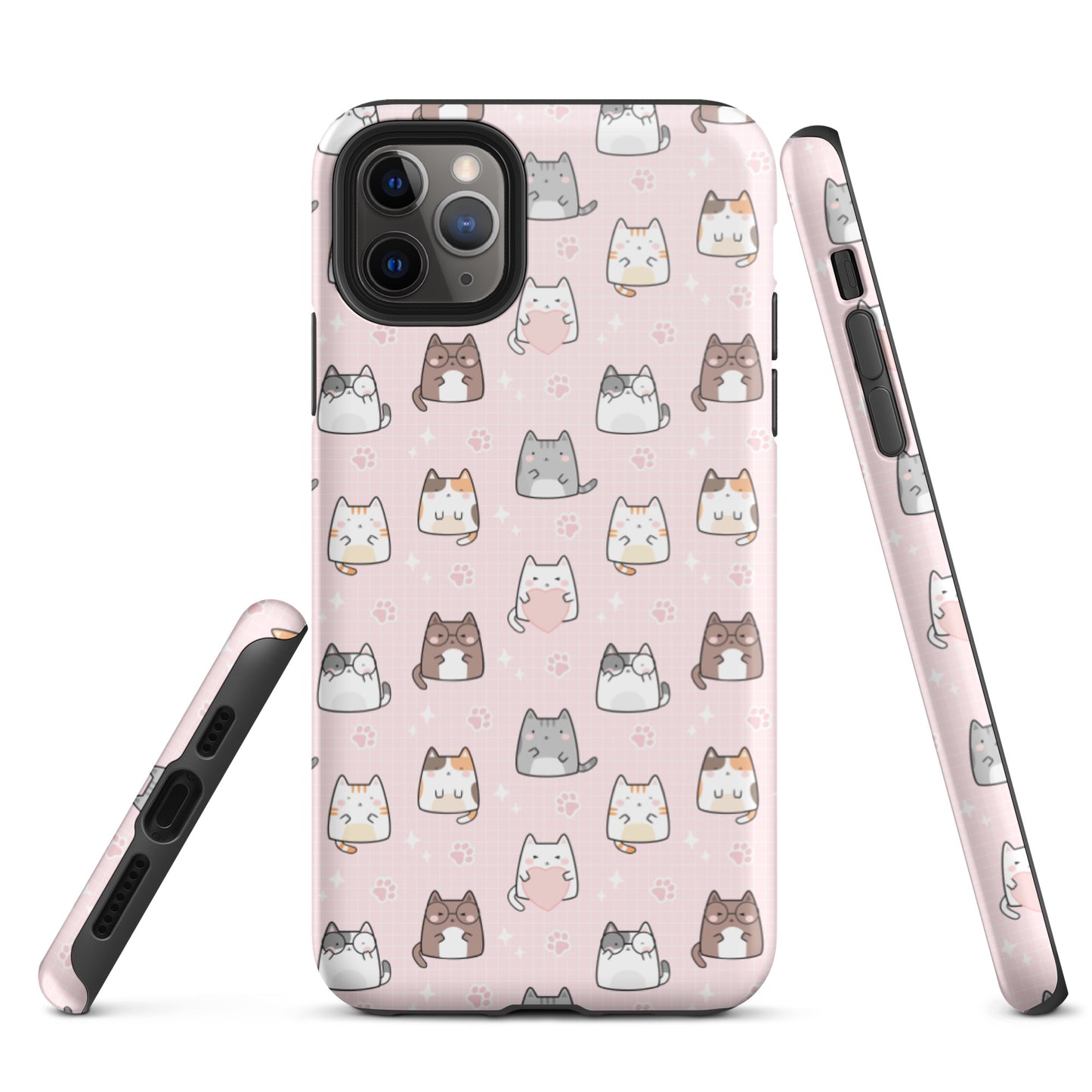 Tough case for iPhone 11, 12, 13, 14, 15, 16 Variations | Cute Cat with Heart Pink Background
