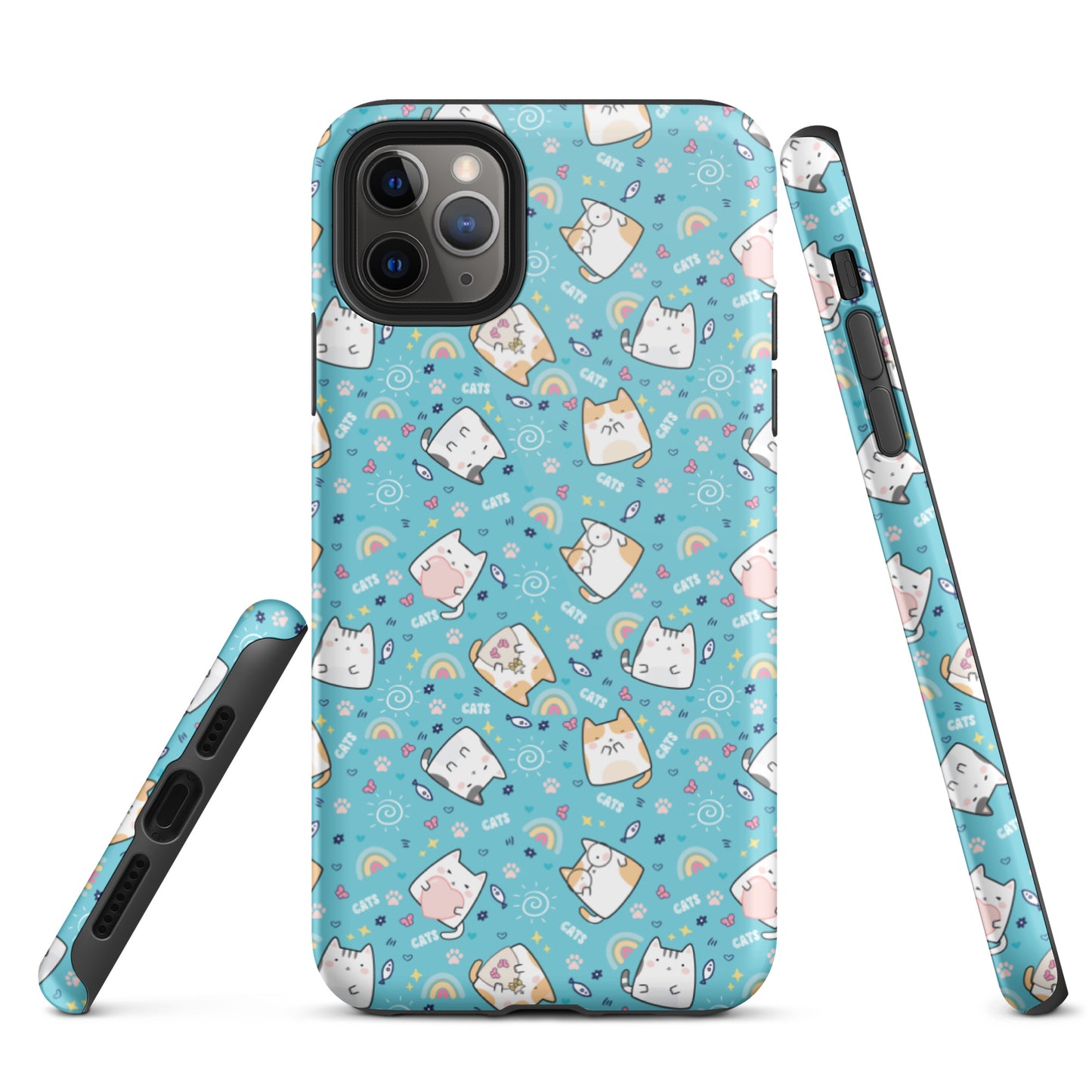 Tough case for iPhone 11, 12, 13, 14, 15, 16 Variations | Cute Cat with Heart Blue Background