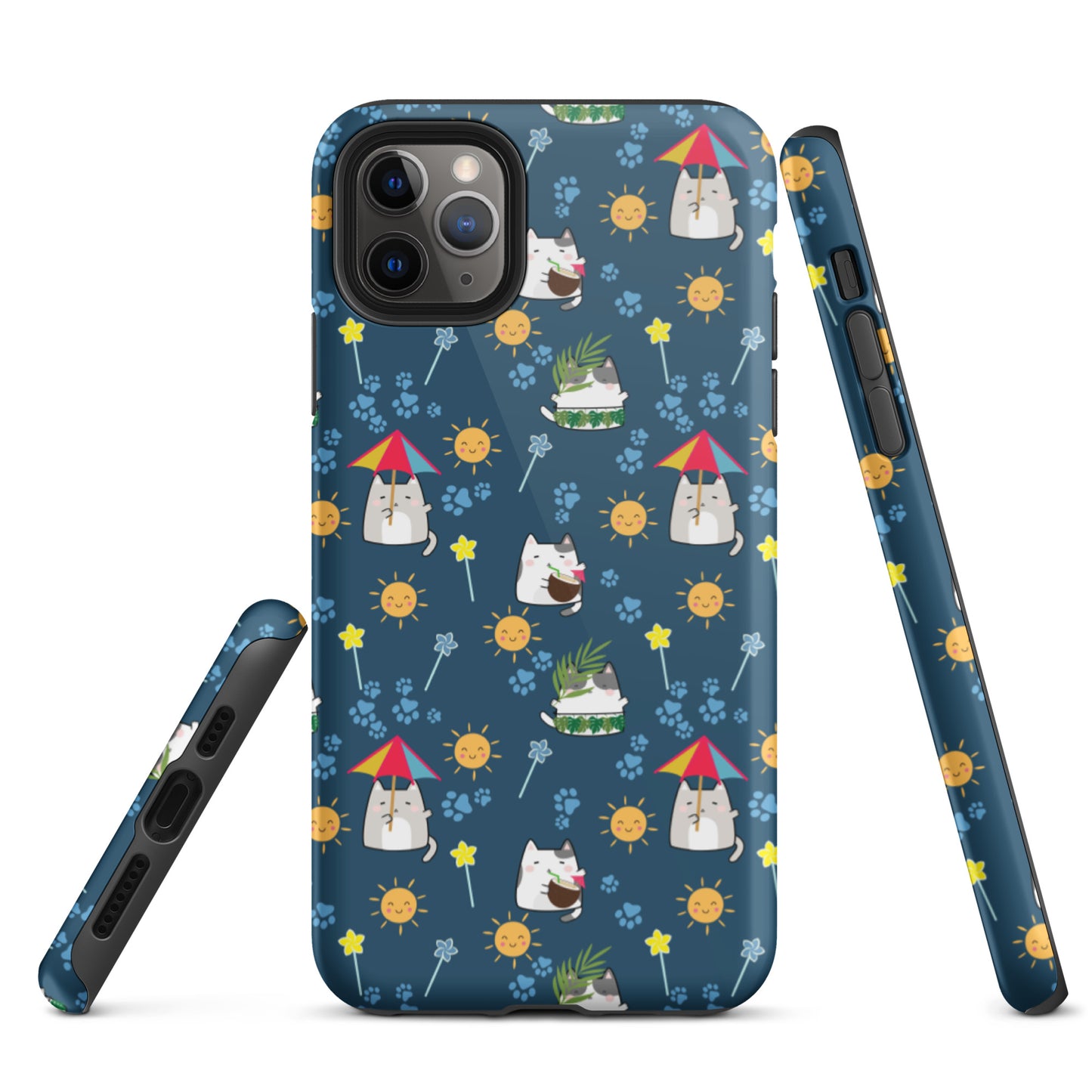 Tough case for iPhone 11, 12, 13, 14, 15, 16 Variations | Cat Summer Umbrella Blue Background