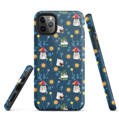 Tough case for iPhone 11, 12, 13, 14, 15, 16 Variations | Cat Summer Umbrella Blue Background