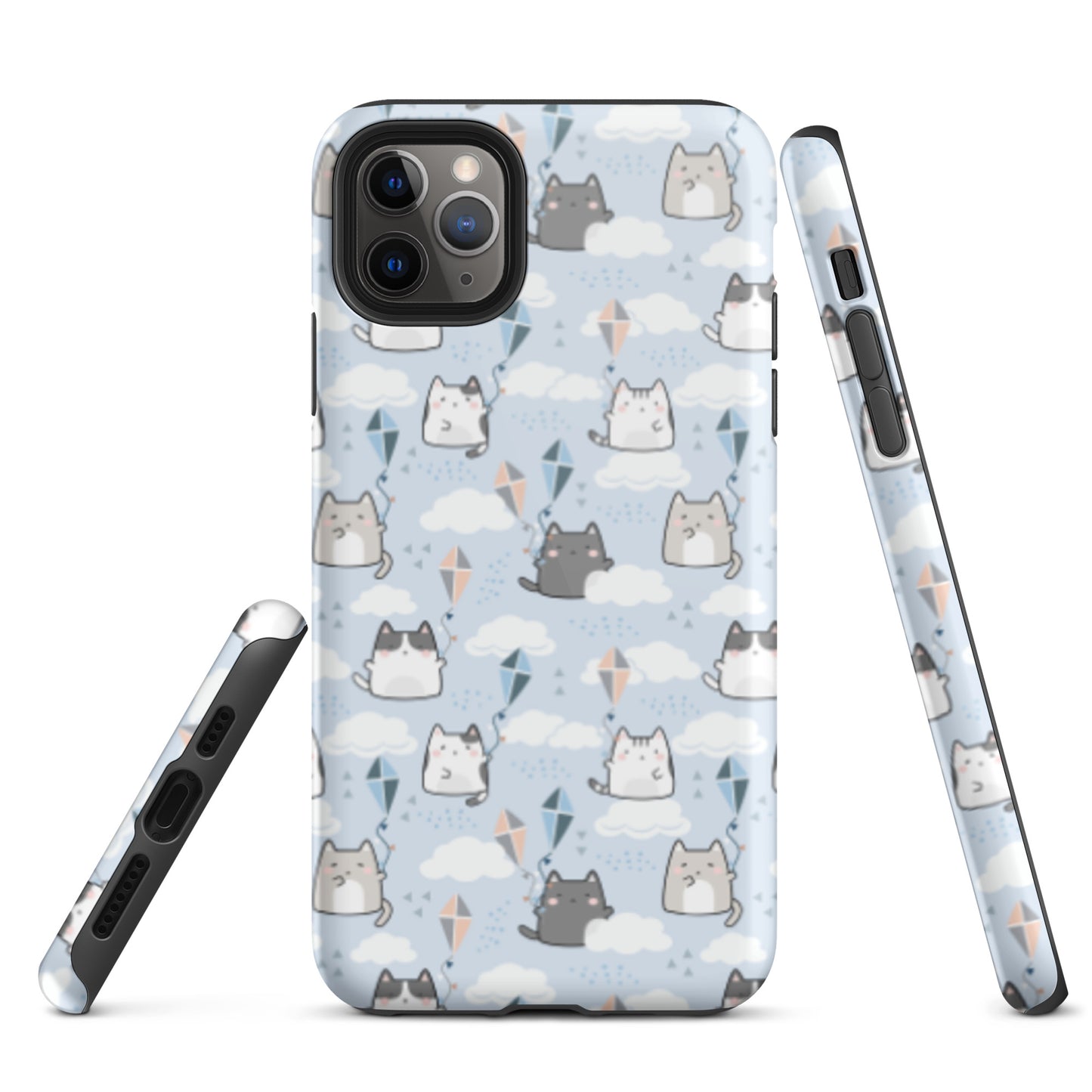 Tough case for iPhone 11, 12, 13, 14, 15, 16 Variations | Cat Cloud Kite LightBlue Background