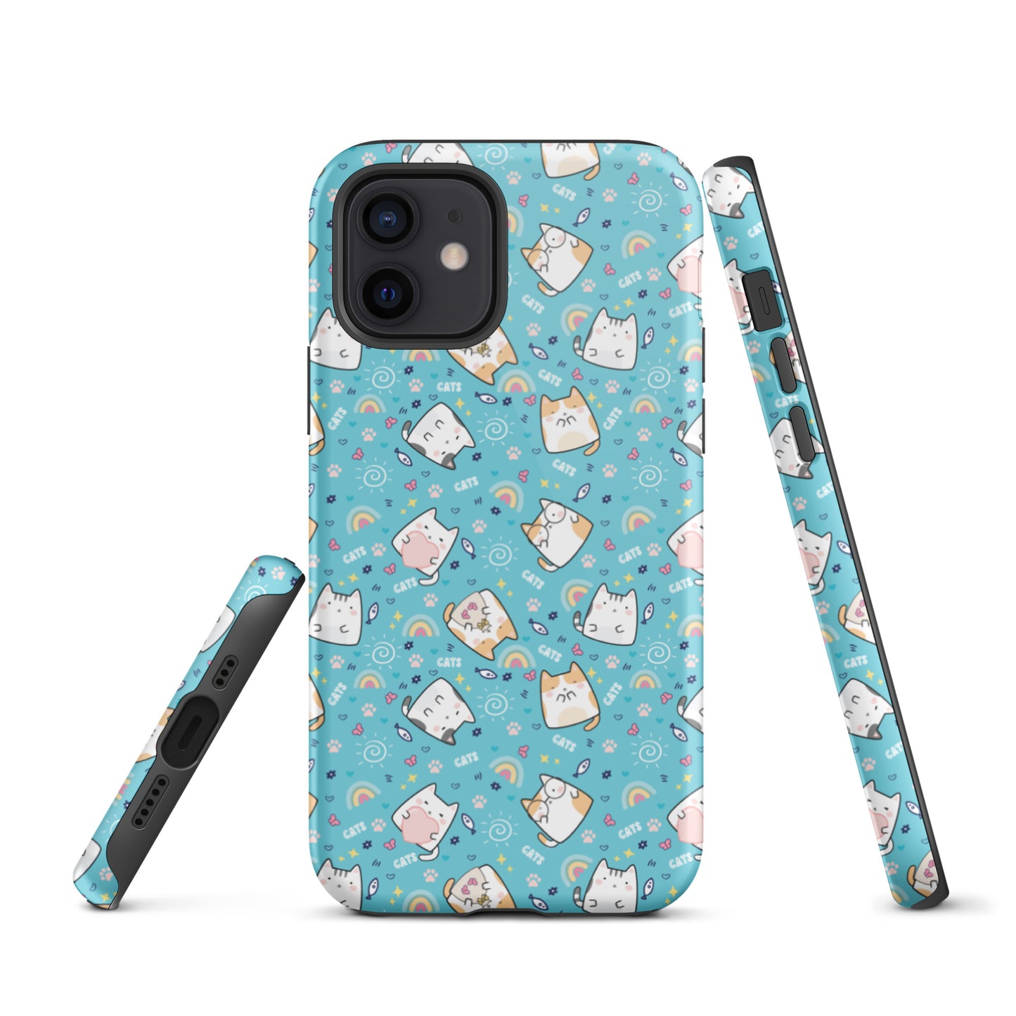 Tough case for iPhone 11, 12, 13, 14, 15, 16 Variations | Cute Cat with Heart Blue Background