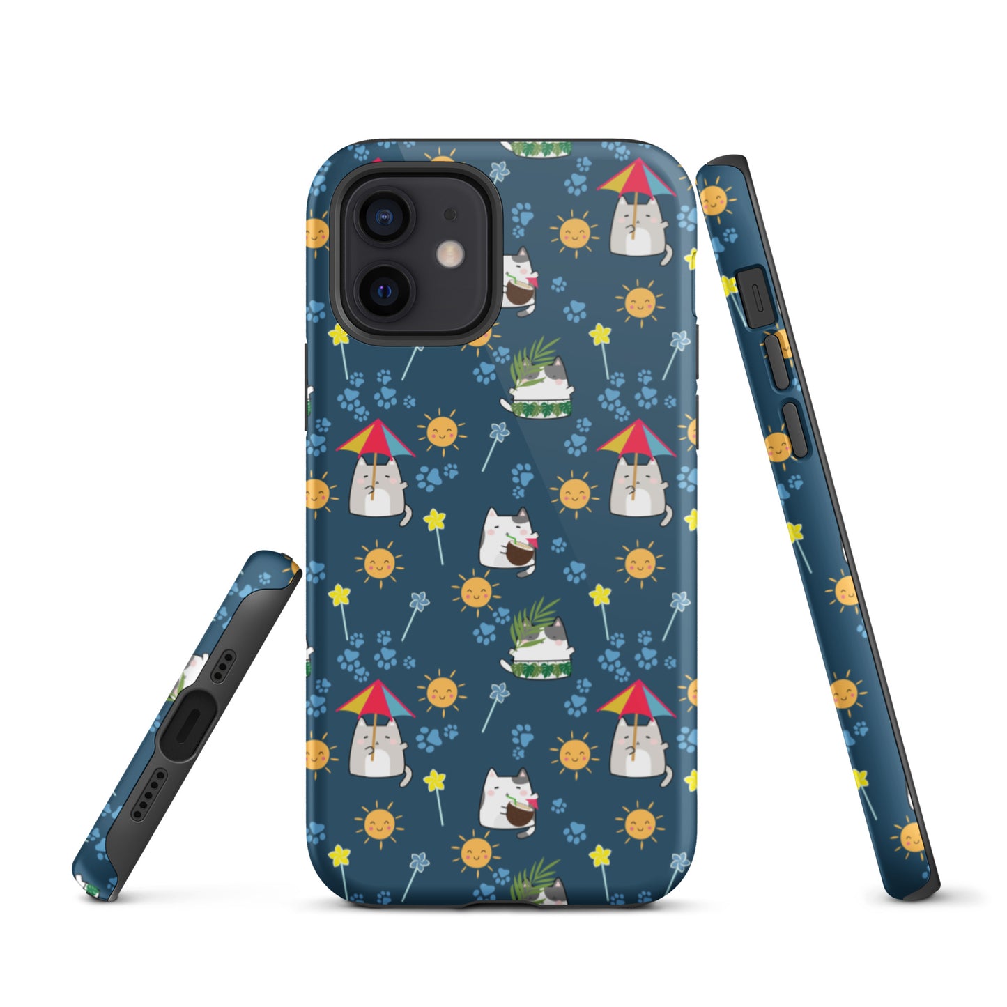 Tough case for iPhone 11, 12, 13, 14, 15, 16 Variations | Cat Summer Umbrella Blue Background