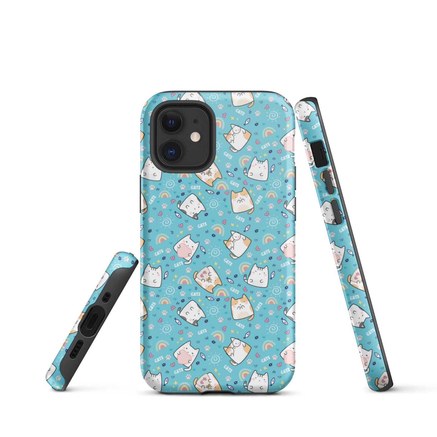 Tough case for iPhone 11, 12, 13, 14, 15, 16 Variations | Cute Cat with Heart Blue Background