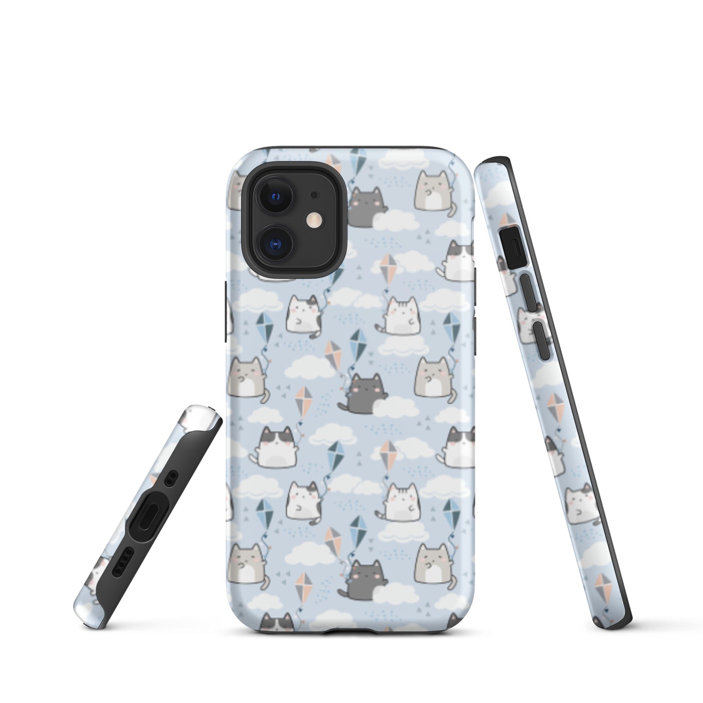 Tough case for iPhone 11, 12, 13, 14, 15, 16 Variations | Cat Cloud Kite LightBlue Background