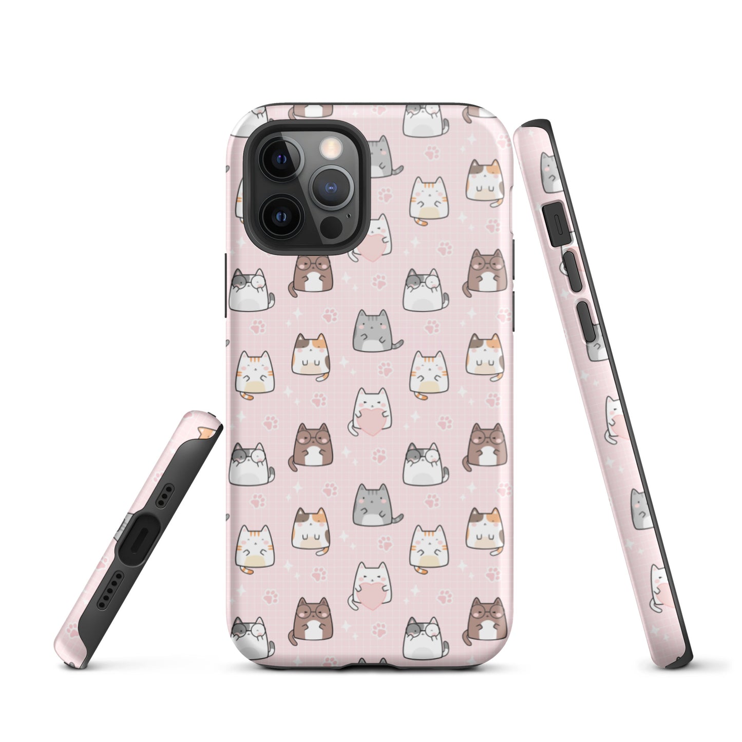 Tough case for iPhone 11, 12, 13, 14, 15, 16 Variations | Cute Cat with Heart Pink Background