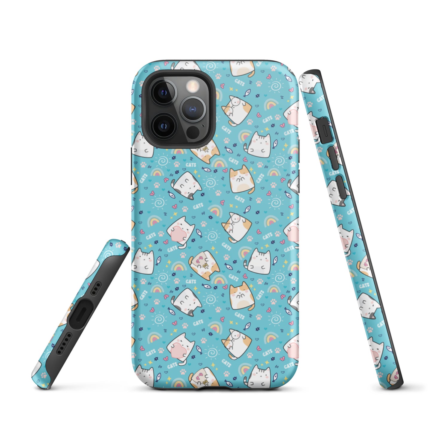 Tough case for iPhone 11, 12, 13, 14, 15, 16 Variations | Cute Cat with Heart Blue Background