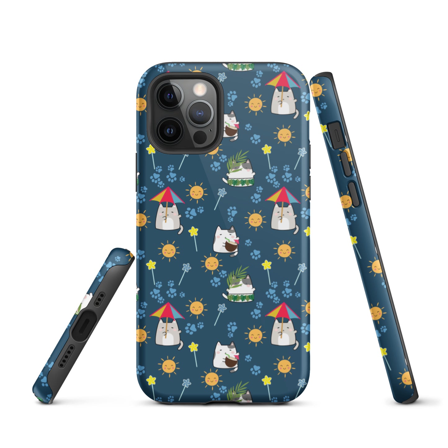 Tough case for iPhone 11, 12, 13, 14, 15, 16 Variations | Cat Summer Umbrella Blue Background