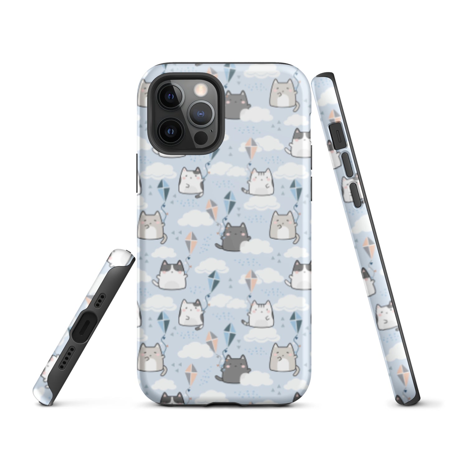 Tough case for iPhone 11, 12, 13, 14, 15, 16 Variations | Cat Cloud Kite LightBlue Background