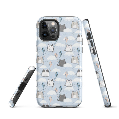 Tough case for iPhone 11, 12, 13, 14, 15, 16 Variations | Cat Cloud Kite LightBlue Background