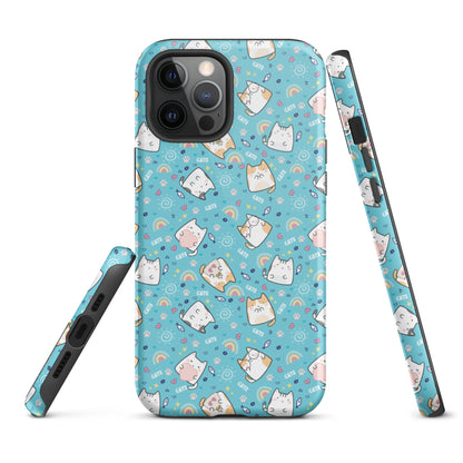 Tough case for iPhone 11, 12, 13, 14, 15 Variations | Cute Cat with Heart Blue Background