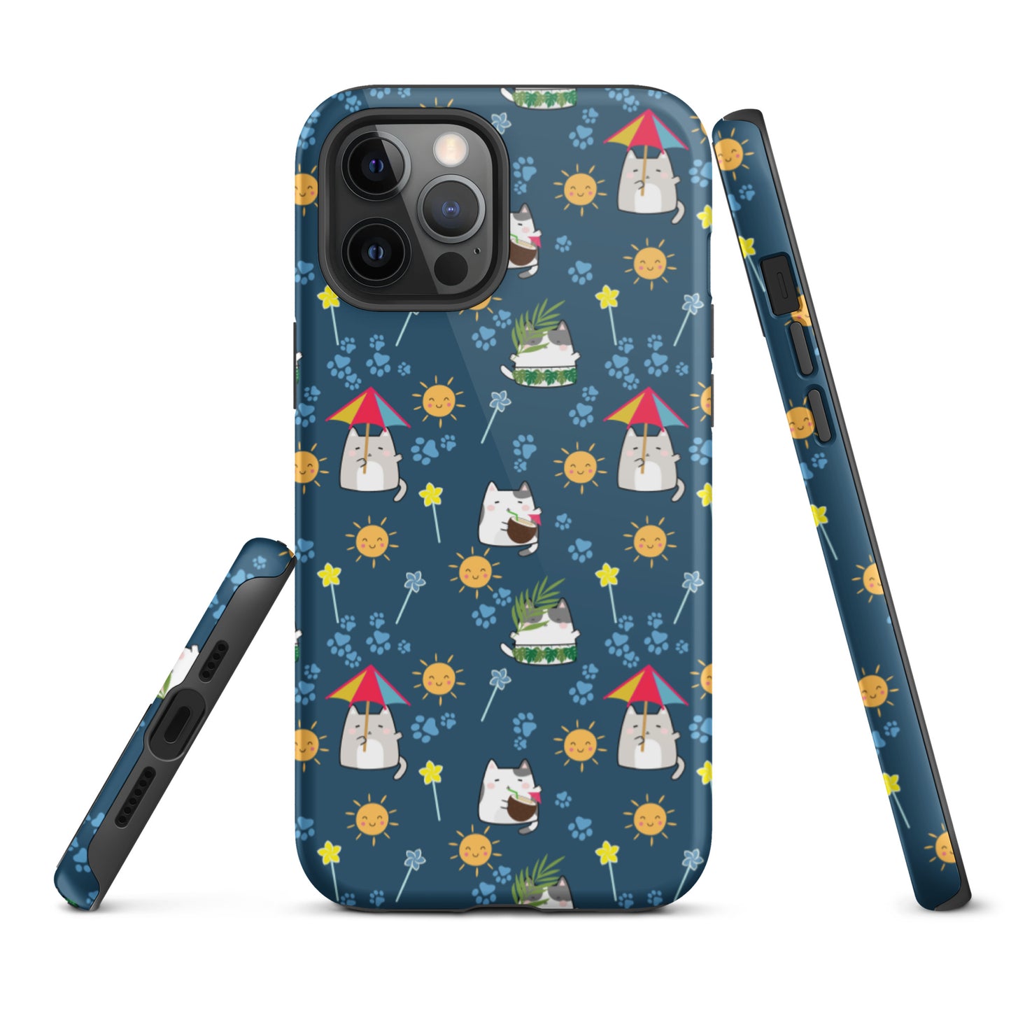 Tough case for iPhone 11, 12, 13, 14, 15, 16 Variations | Cat Summer Umbrella Blue Background