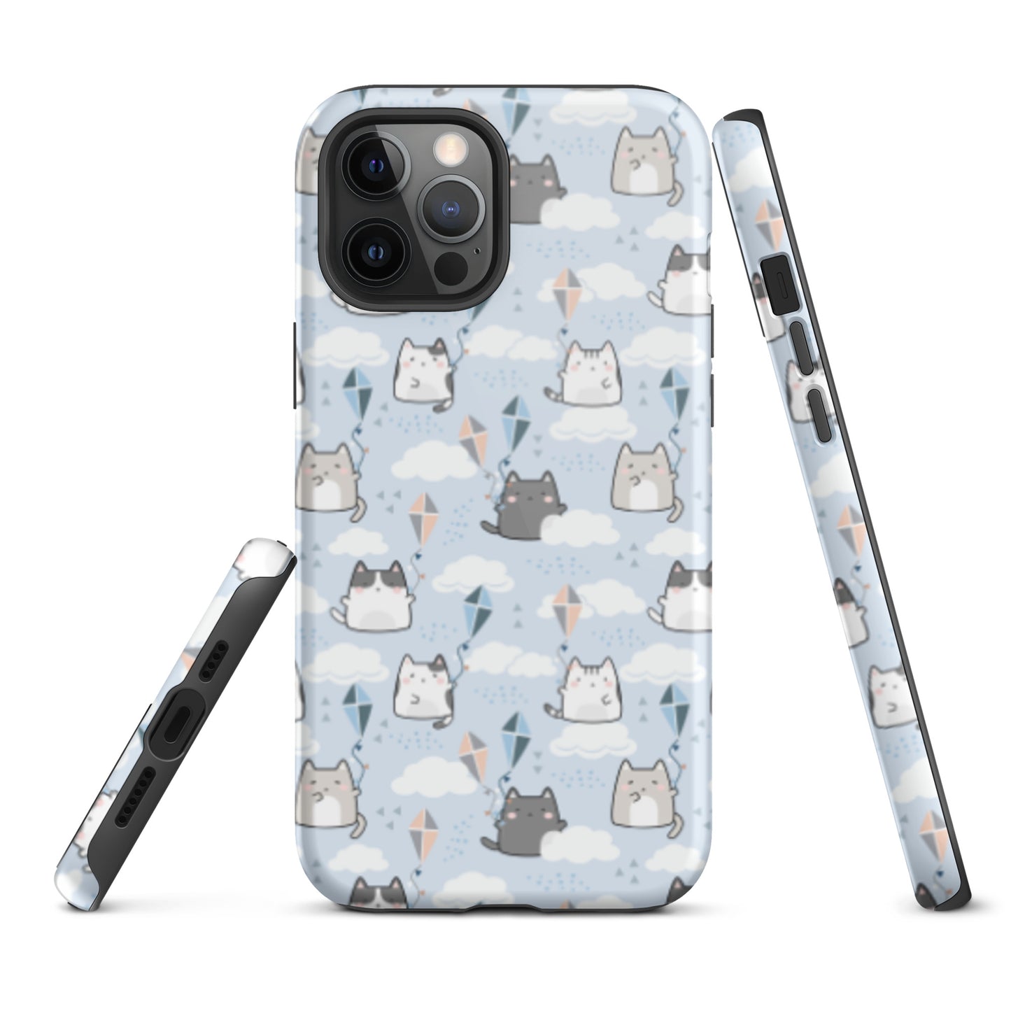 Tough case for iPhone 11, 12, 13, 14, 15, 16 Variations | Cat Cloud Kite LightBlue Background