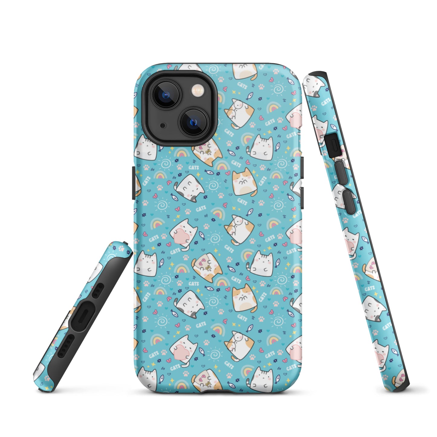 Tough case for iPhone 11, 12, 13, 14, 15, 16 Variations | Cute Cat with Heart Blue Background