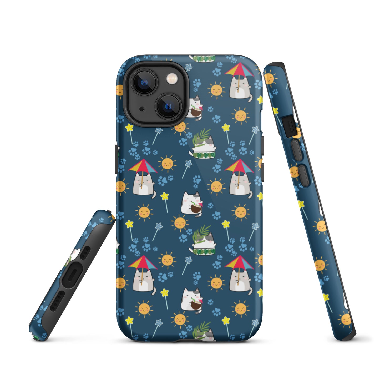 Tough case for iPhone 11, 12, 13, 14, 15, 16 Variations | Cat Summer Umbrella Blue Background