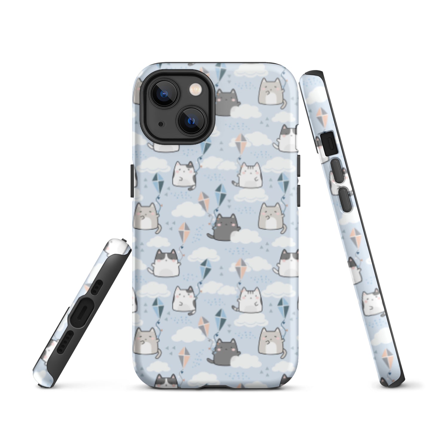 Tough case for iPhone 11, 12, 13, 14, 15, 16 Variations | Cat Cloud Kite LightBlue Background