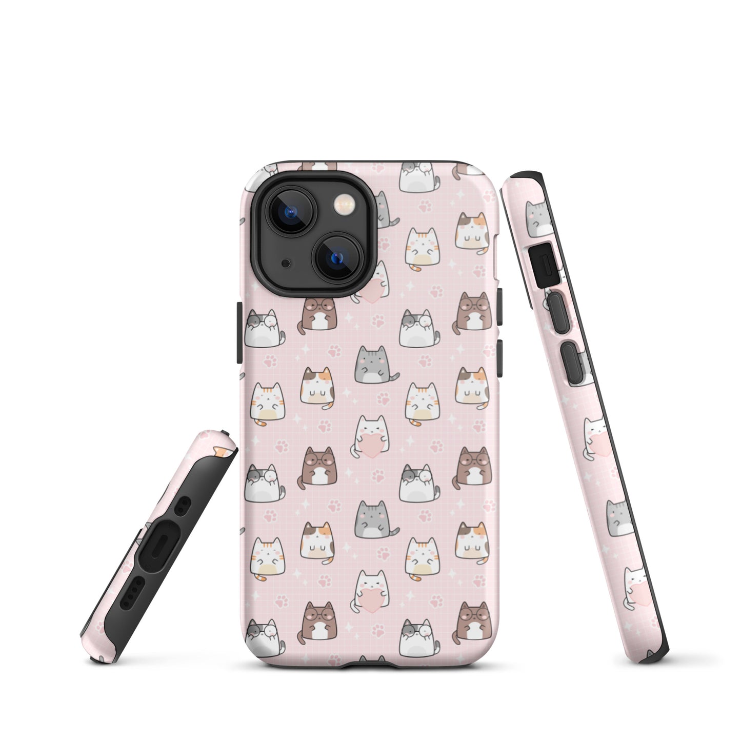 Tough case for iPhone 11, 12, 13, 14, 15, 16 Variations | Cute Cat with Heart Pink Background