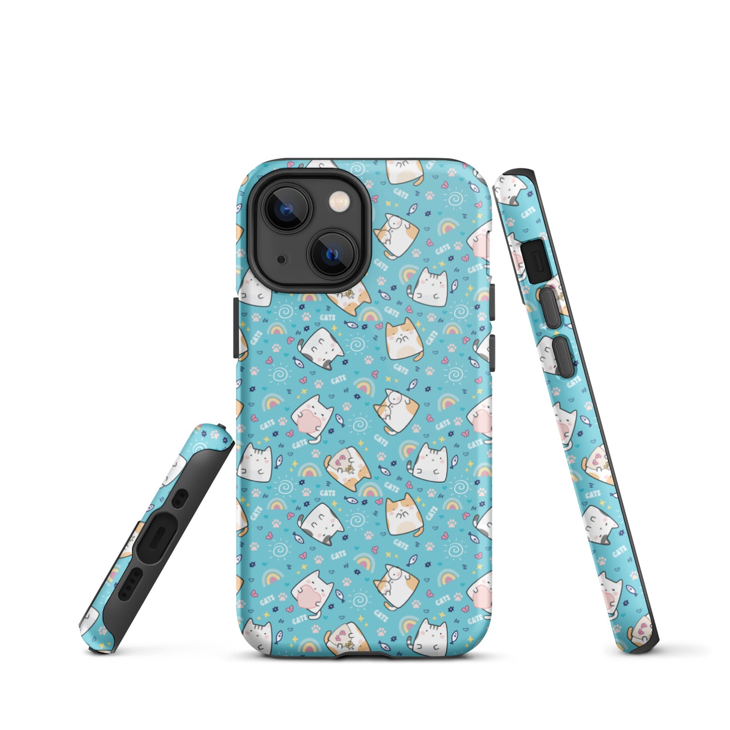 Tough case for iPhone 11, 12, 13, 14, 15, 16 Variations | Cute Cat with Heart Blue Background