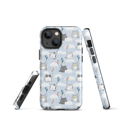 Tough case for iPhone 11, 12, 13, 14, 15, 16 Variations | Cat Cloud Kite LightBlue Background