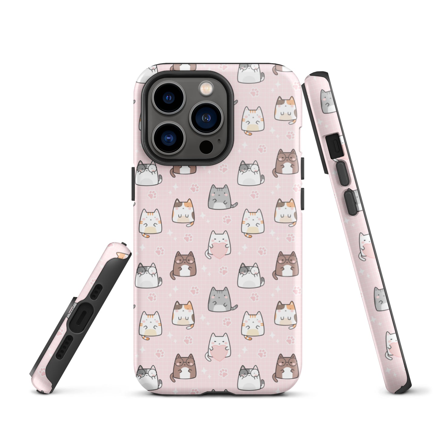 Tough case for iPhone 11, 12, 13, 14, 15, 16 Variations | Cute Cat with Heart Pink Background