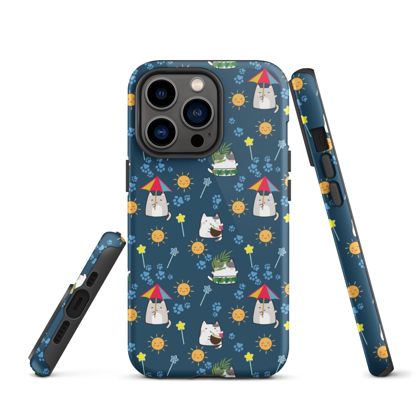 Tough case for iPhone 11, 12, 13, 14, 15, 16 Variations | Cat Summer Umbrella Blue Background