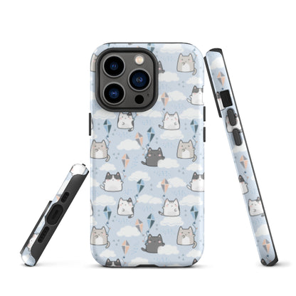 Tough case for iPhone 11, 12, 13, 14, 15, 16 Variations | Cat Cloud Kite LightBlue Background