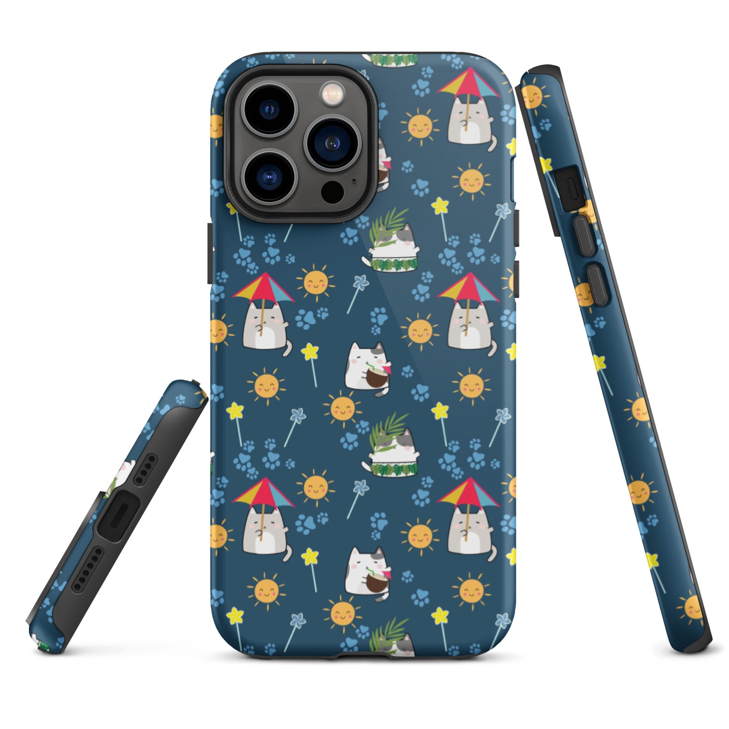 Tough case for iPhone 11, 12, 13, 14, 15, 16 Variations | Cat Summer Umbrella Blue Background