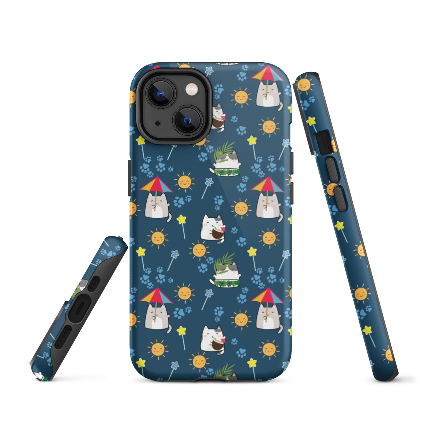 Tough case for iPhone 11, 12, 13, 14, 15, 16 Variations | Cat Summer Umbrella Blue Background