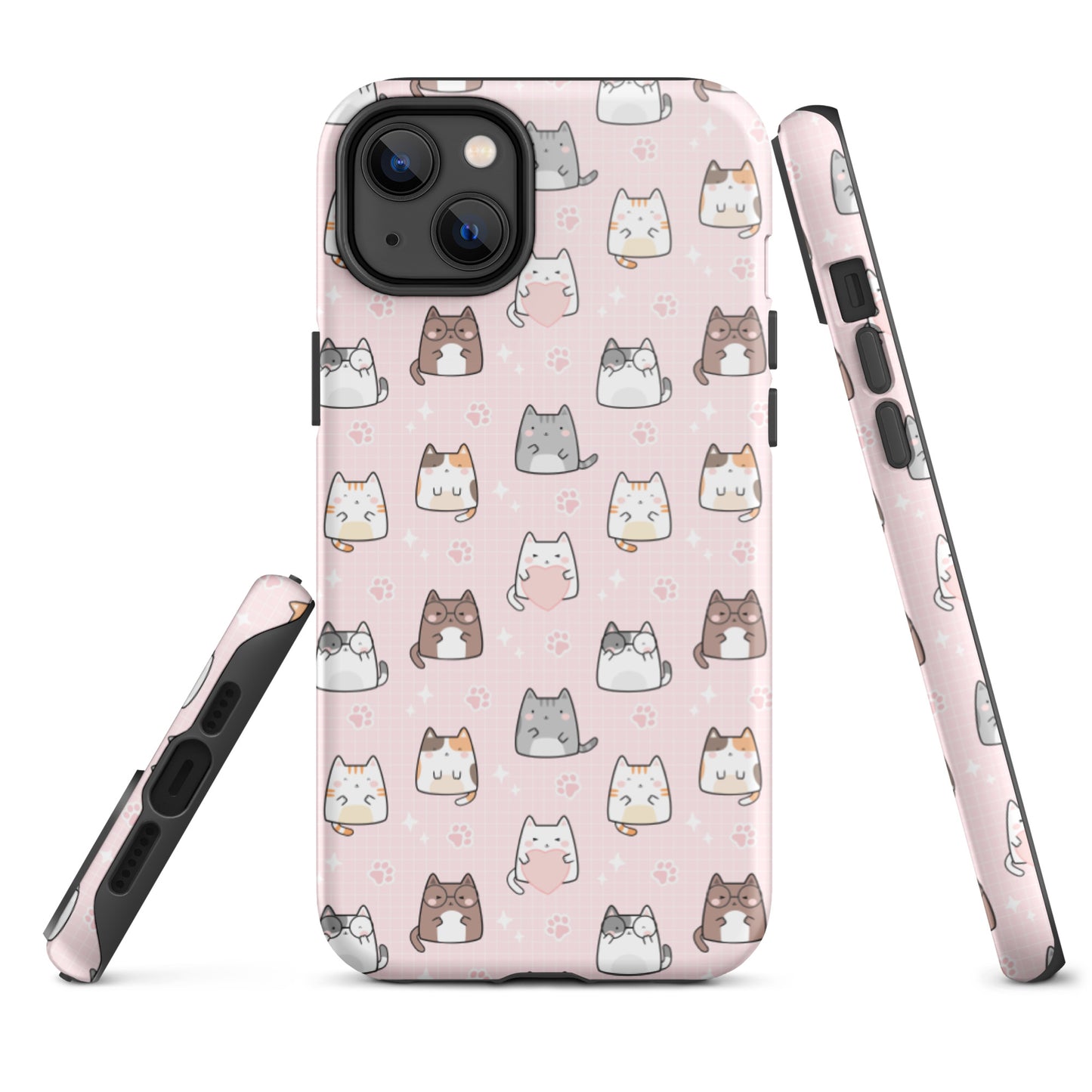Tough case for iPhone 11, 12, 13, 14, 15, 16 Variations | Cute Cat with Heart Pink Background