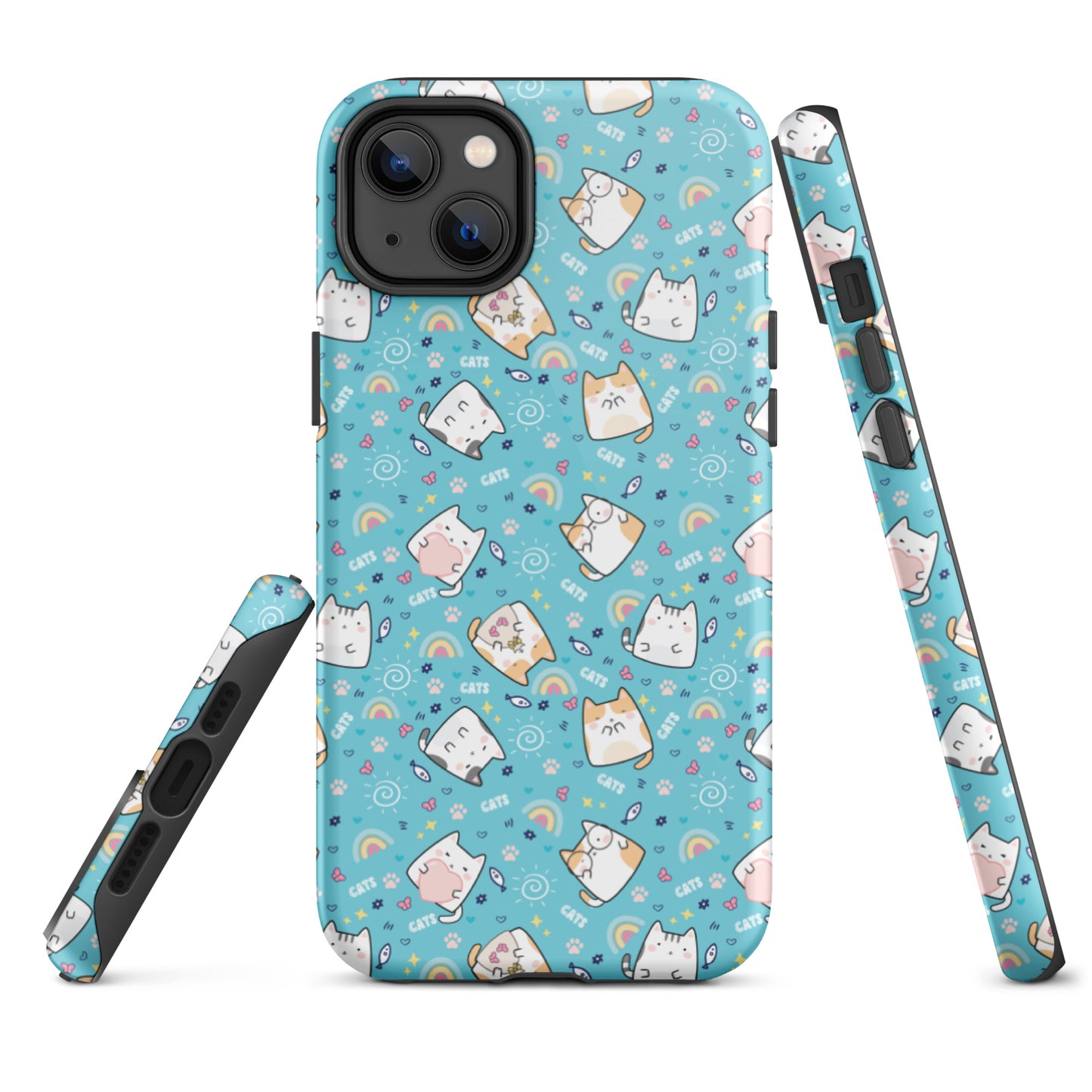 Tough case for iPhone 11, 12, 13, 14, 15, 16 Variations | Cute Cat with Heart Blue Background
