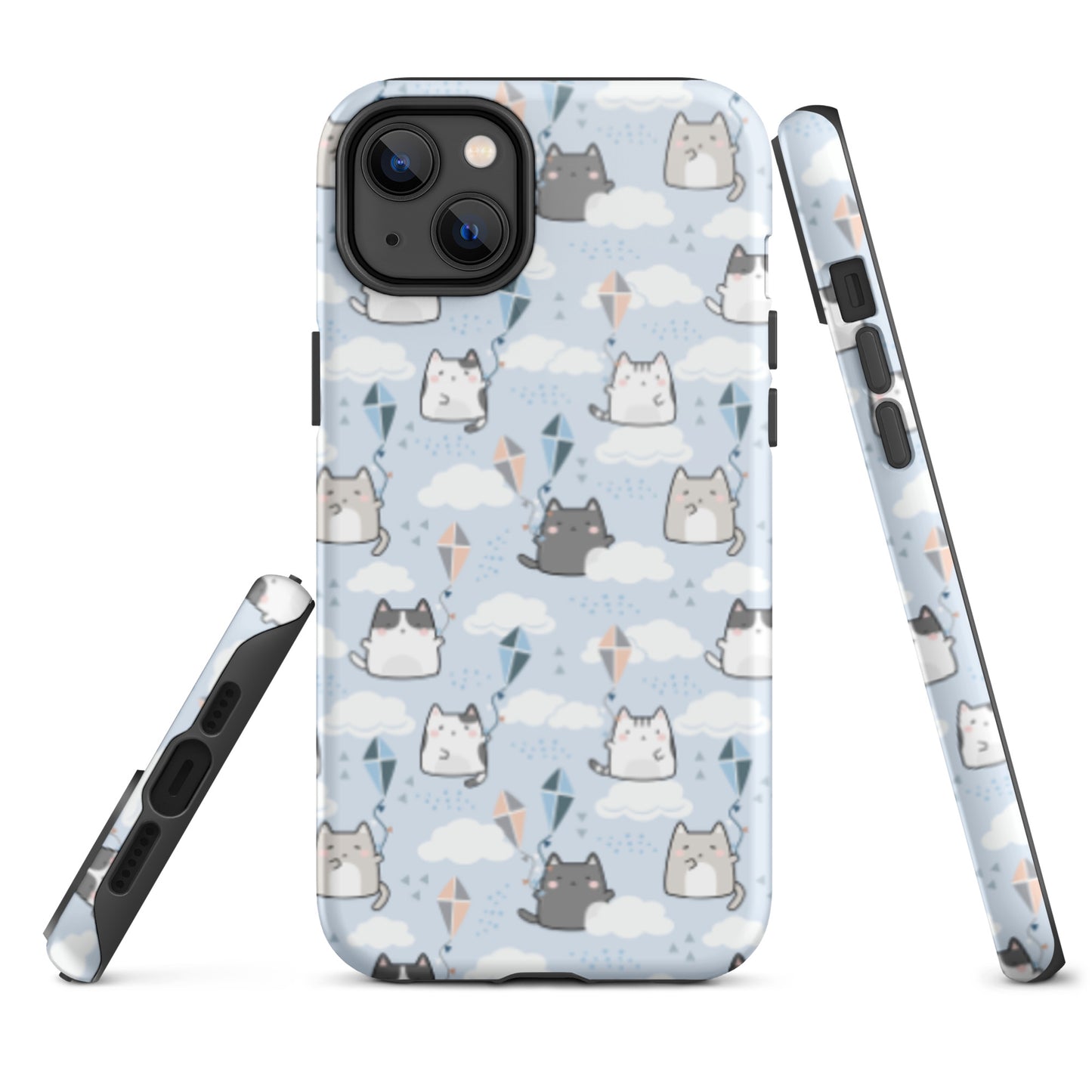 Tough case for iPhone 11, 12, 13, 14, 15, 16 Variations | Cat Cloud Kite LightBlue Background