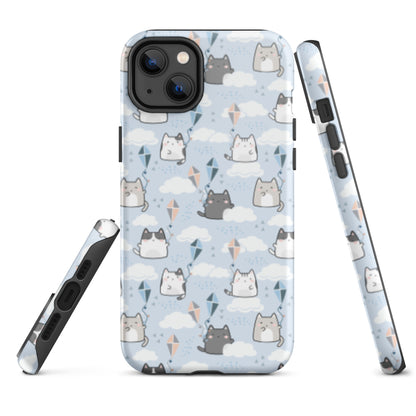 Tough case for iPhone 11, 12, 13, 14, 15, 16 Variations | Cat Cloud Kite LightBlue Background
