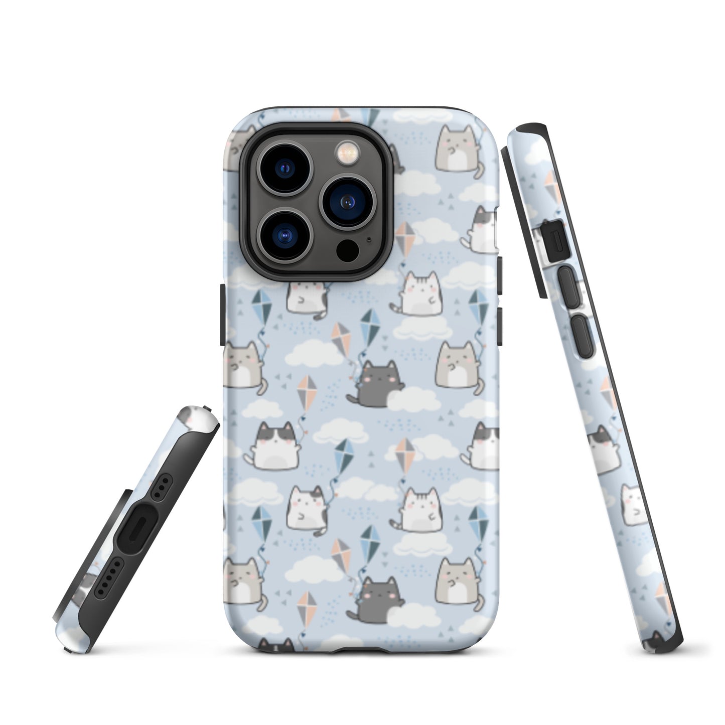 Tough case for iPhone 11, 12, 13, 14, 15, 16 Variations | Cat Cloud Kite LightBlue Background