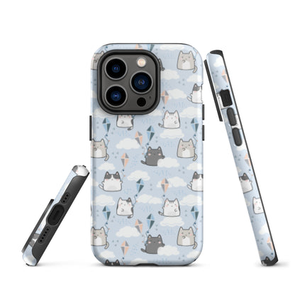 Tough case for iPhone 11, 12, 13, 14, 15, 16 Variations | Cat Cloud Kite LightBlue Background