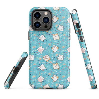 Tough case for iPhone 11, 12, 13, 14, 15, 16 Variations | Cute Cat with Heart Blue Background