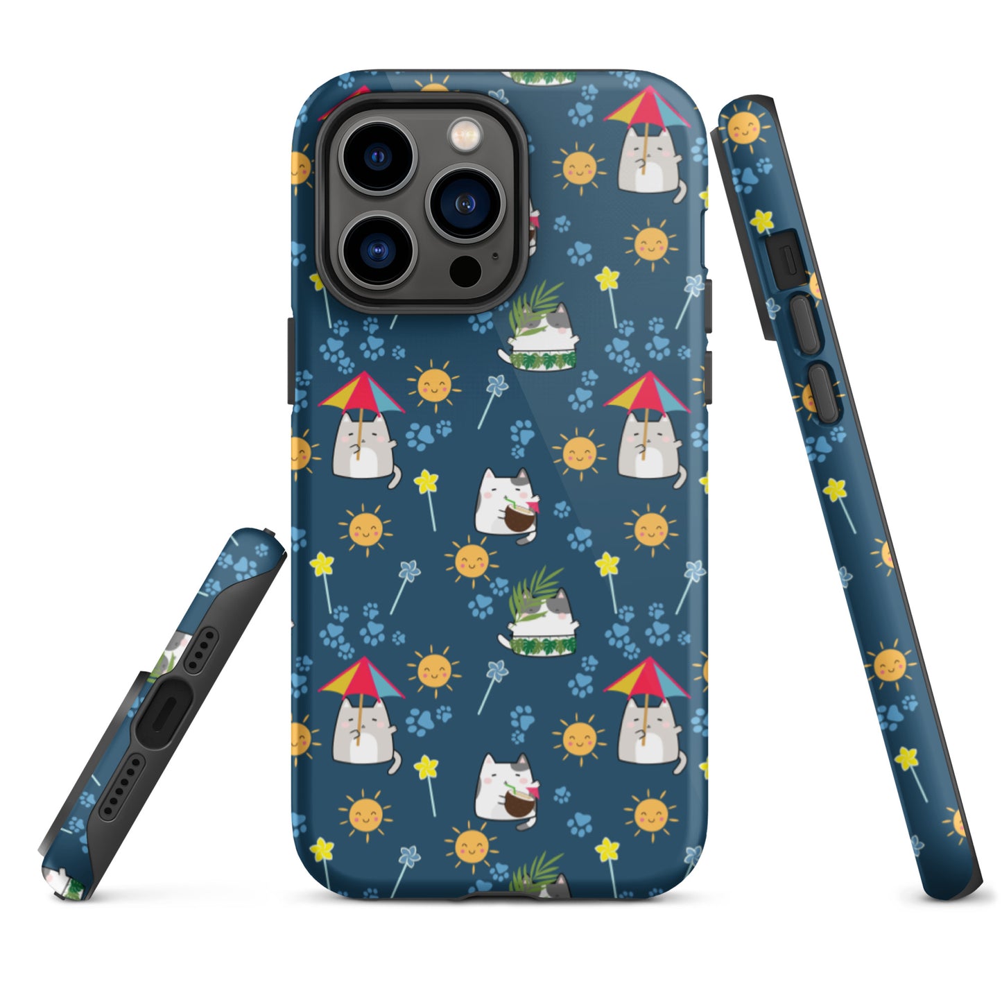 Tough case for iPhone 11, 12, 13, 14, 15, 16 Variations | Cat Summer Umbrella Blue Background