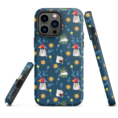 Tough case for iPhone 11, 12, 13, 14, 15, 16 Variations | Cat Summer Umbrella Blue Background