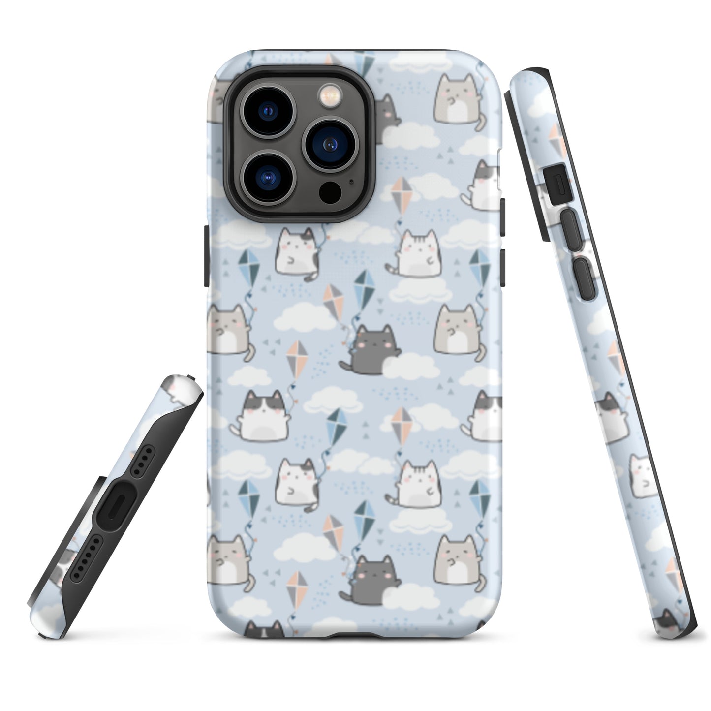 Tough case for iPhone 11, 12, 13, 14, 15, 16 Variations | Cat Cloud Kite LightBlue Background