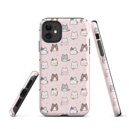 Tough case for iPhone 11, 12, 13, 14, 15, 16 Variations | Cute Cat with Heart Pink Background