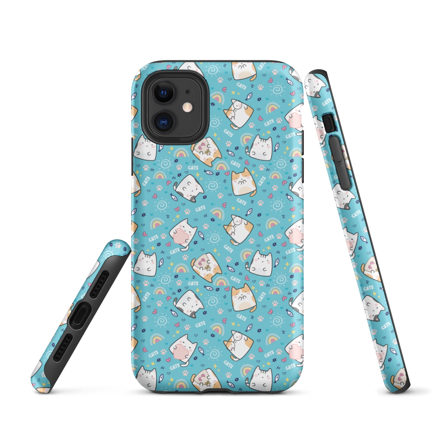 Tough case for iPhone 11, 12, 13, 14, 15, 16 Variations | Cute Cat with Heart Blue Background