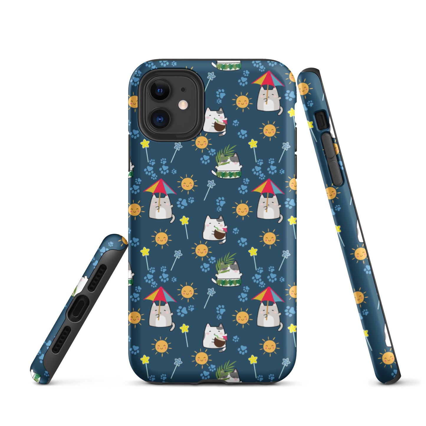 Tough case for iPhone 11, 12, 13, 14, 15, 16 Variations | Cat Summer Umbrella Blue Background