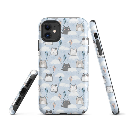 Tough case for iPhone 11, 12, 13, 14, 15, 16 Variations | Cat Cloud Kite LightBlue Background