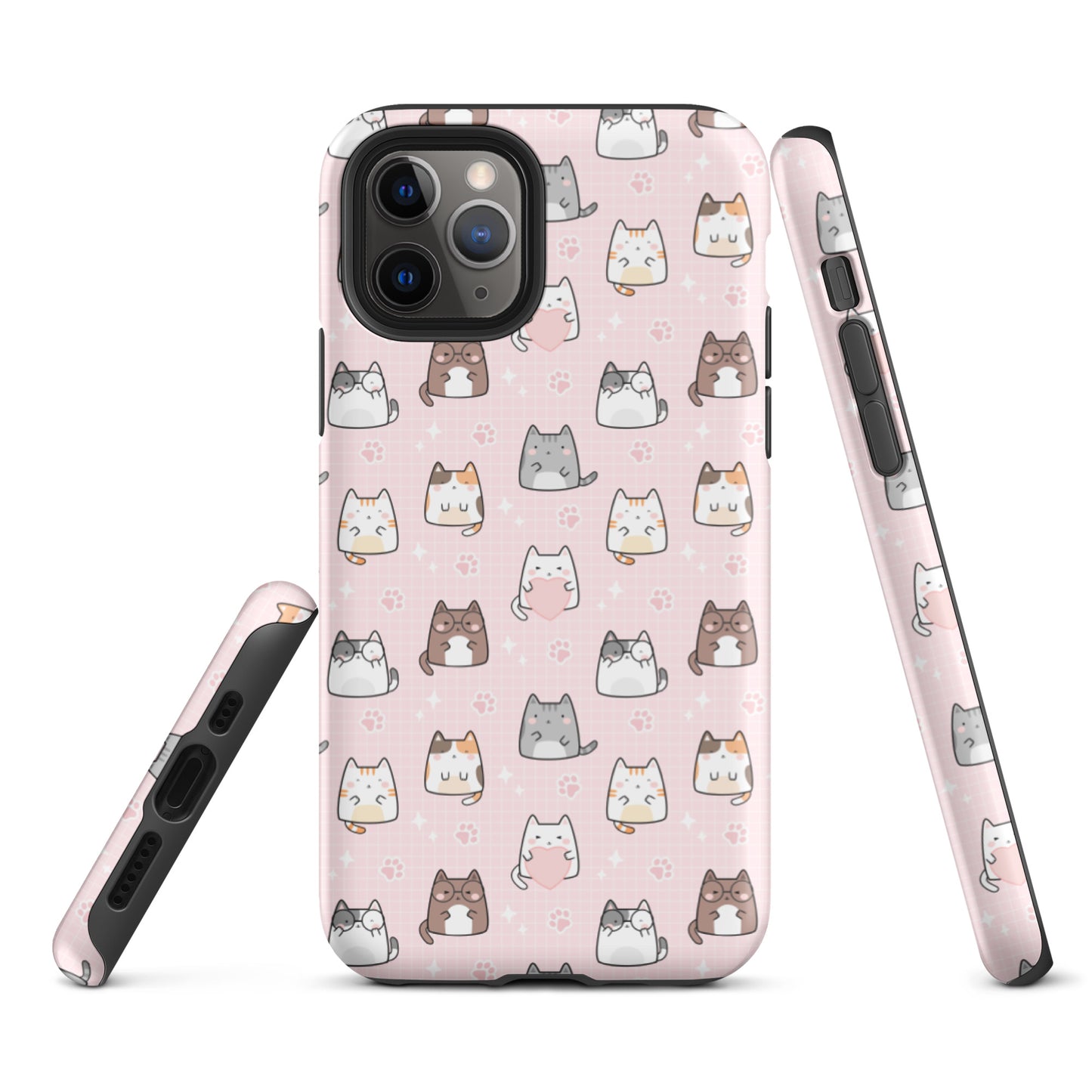 Tough case for iPhone 11, 12, 13, 14, 15, 16 Variations | Cute Cat with Heart Pink Background