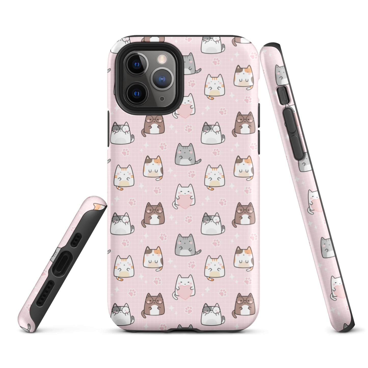 Tough case for iPhone 11, 12, 13, 14, 15 Variations | Cute Cat with Heart Pink Background