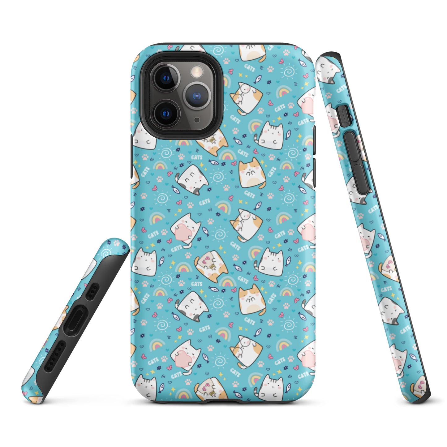 Tough case for iPhone 11, 12, 13, 14, 15, 16 Variations | Cute Cat with Heart Blue Background