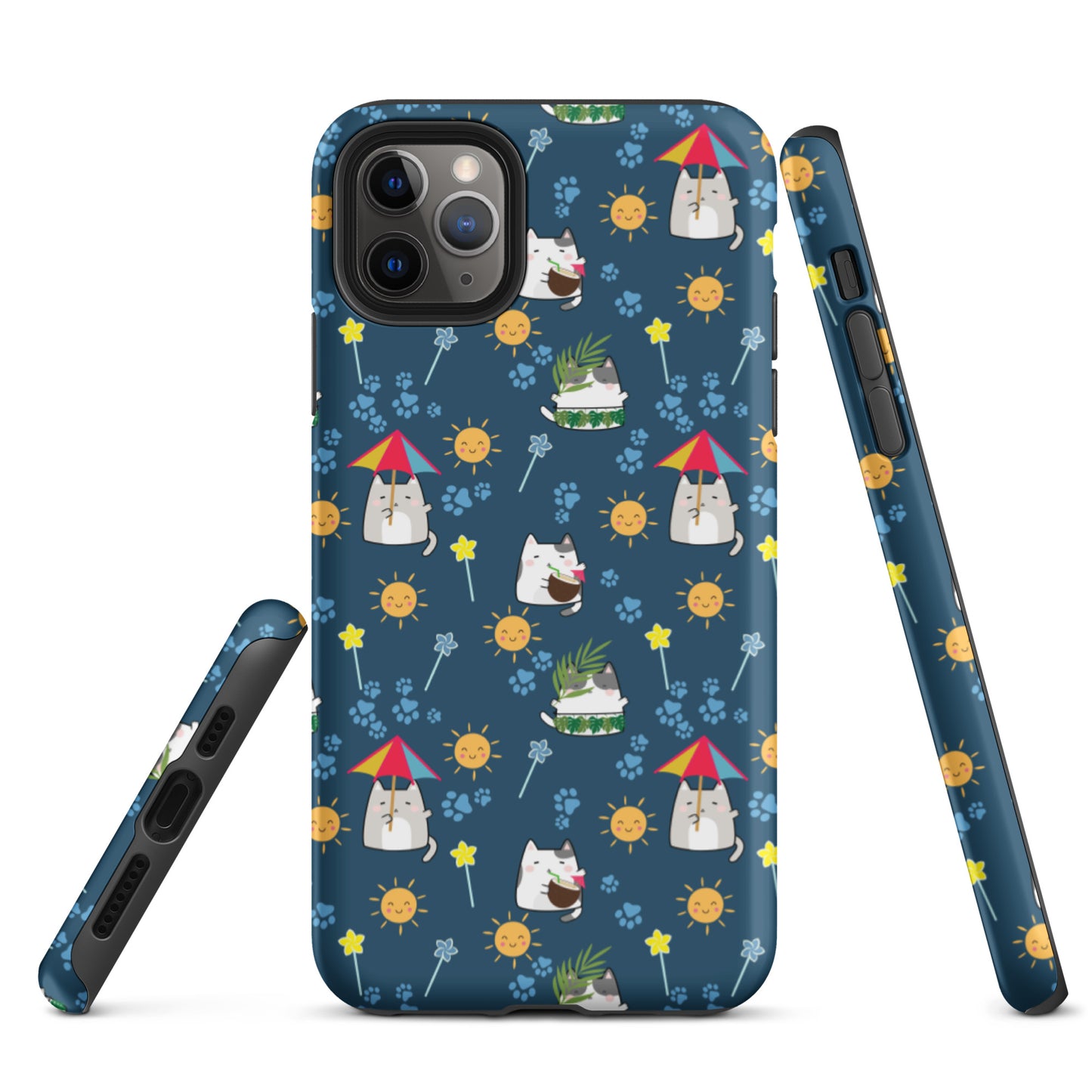 Tough case for iPhone 11, 12, 13, 14, 15, 16 Variations | Cat Summer Umbrella Blue Background