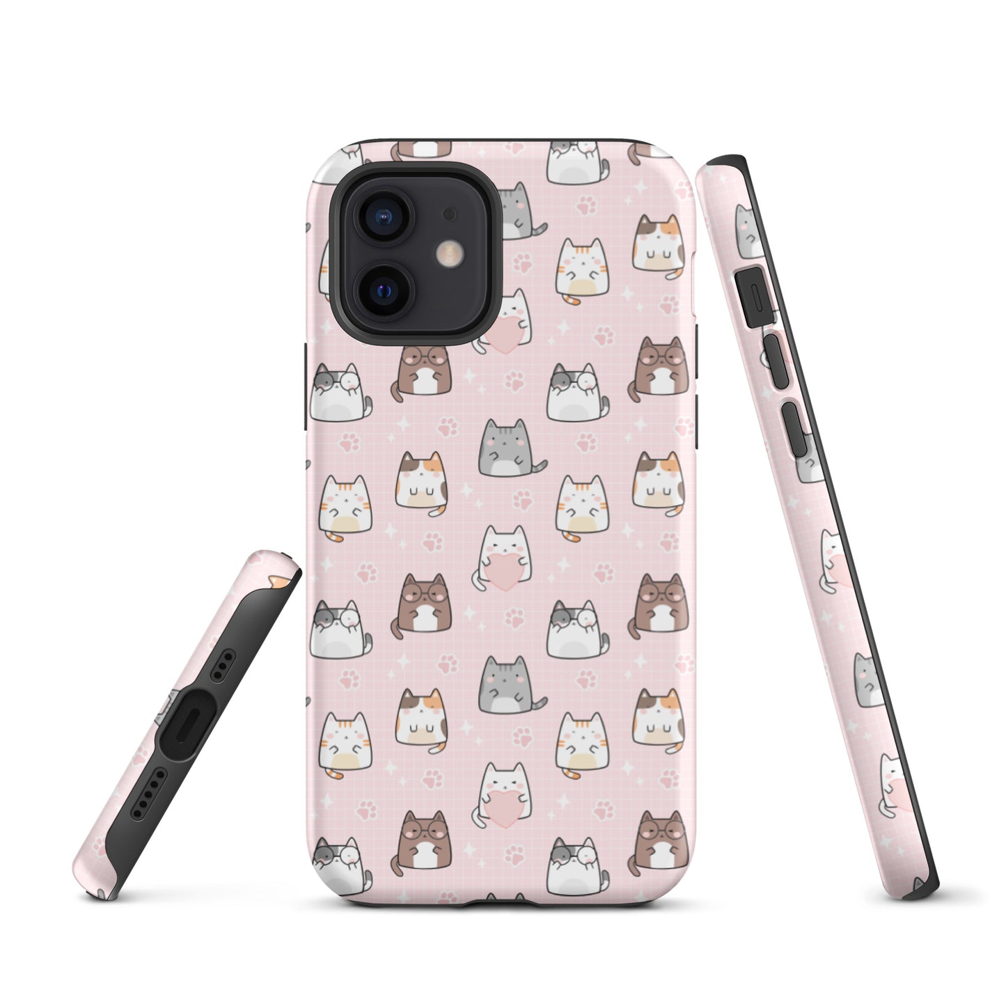 Tough case for iPhone 11, 12, 13, 14, 15, 16 Variations | Cute Cat with Heart Pink Background