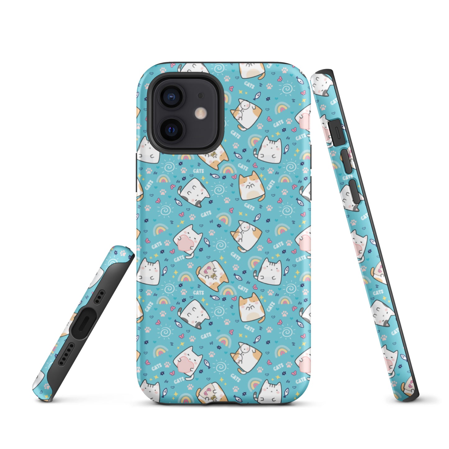 Tough case for iPhone 11, 12, 13, 14, 15, 16 Variations | Cute Cat with Heart Blue Background